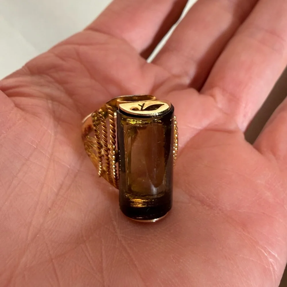 Vintage art deco Smoky Quartz cabochon gold plated oversized cocktail Ring